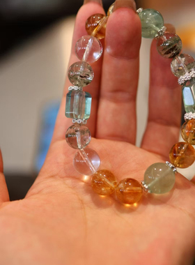 原创设计天然多宝莹石手串手链糖果色系 黄塔晶绿幽灵莹石白水晶