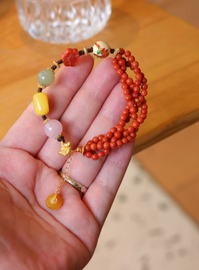 原创多层天然南红玛瑙小米珠手链搭配蜜蜡和田玉多宝新中式国风
