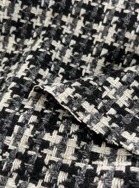 毛涤面料 春秋小香feel 黑白灰色千鸟格图案粗花编织羊毛混纺布料