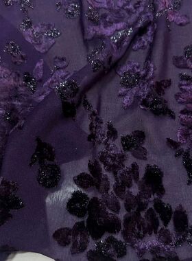 烂花绒面料 春夏 深紫色薄针织底本色丝绒亮丝花瓣立体提花布料