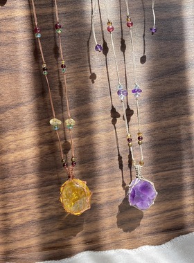 中古手工编织天然黄水晶高级感小众项链锁骨链彩色多巴胺风项链