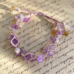 macrame手工编织原石手链紫水晶手串天然网兜百搭款新款情侣手绳