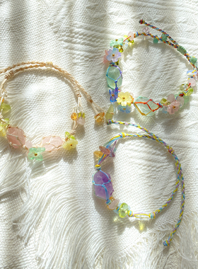 新中式天然编绳手串女生森系高颜值学生党闺蜜原石粉色水晶手链