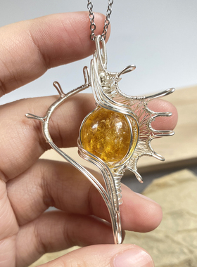 手工编织绕线天然黄水晶吊坠项链女款小众设计原创高级感轻奢锁骨