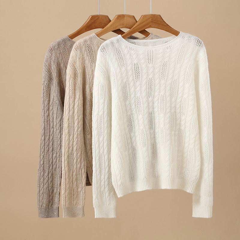100%纯山羊绒针织衫女珠片麻花卷边圆领羊绒衫镂空钩花打底衫毛衣,女装/女士精品,羊绒衫,淘宝优惠券,粉丝福利购,淘宝优惠卷
