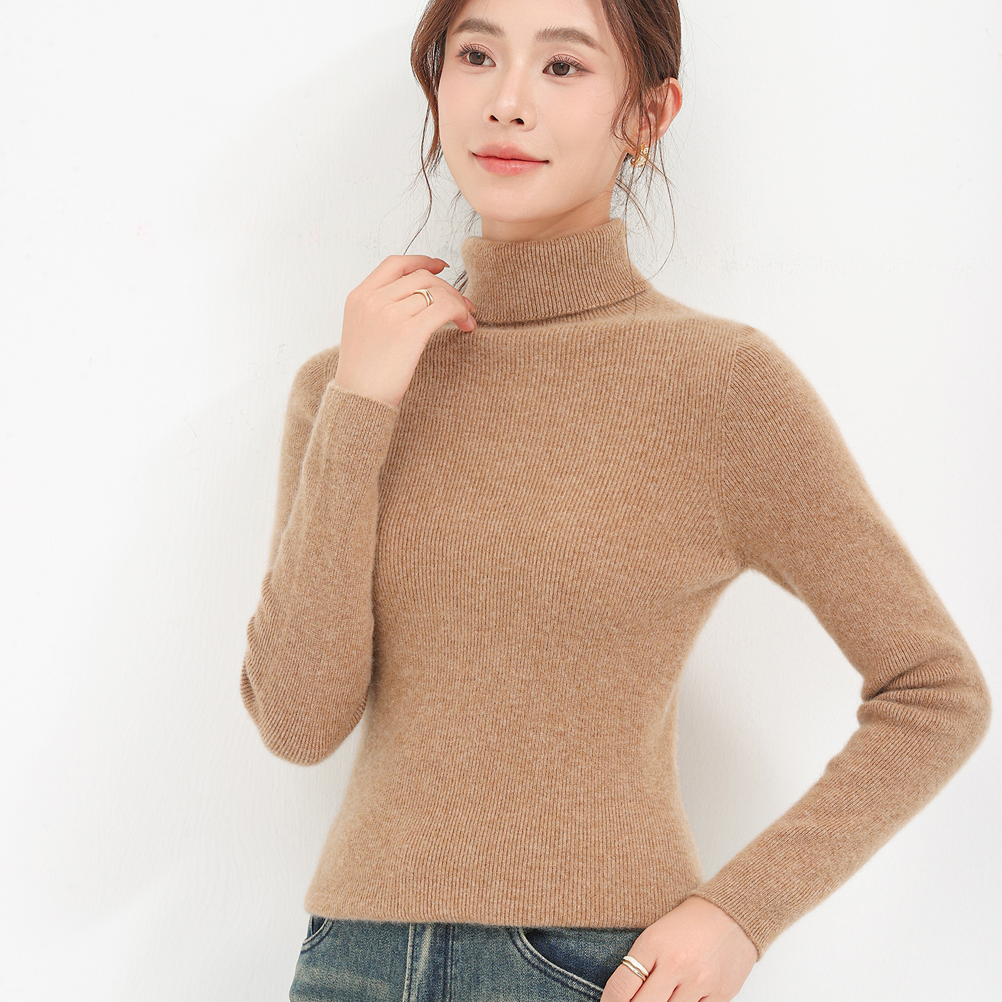 2025秋冬新款100%纯山羊绒衫女坑条显瘦高翻领毛衣修身针织打底衫