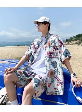 海南岛服沙滩服三亚夏威夷旅游男女情侣大码衬衫碎花168绵绸套装