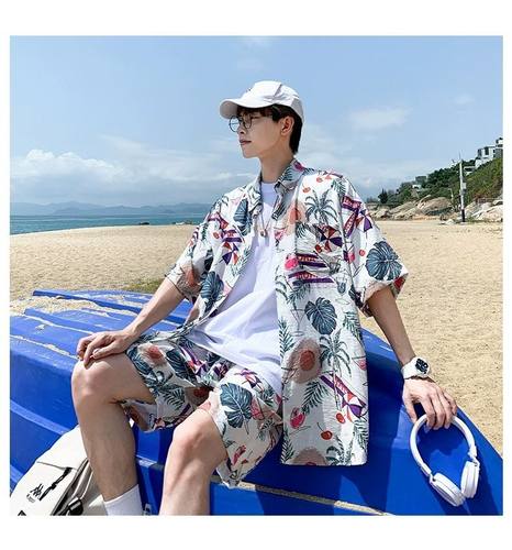 海南岛服沙滩服三亚夏威夷旅游男女情侣大码衬衫碎花168绵绸套装