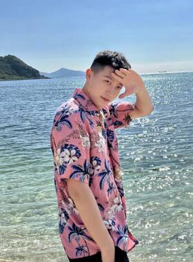 海南岛服沙滩服三亚夏威夷旅游男女情侣大码衬衫碎花168绵绸套装