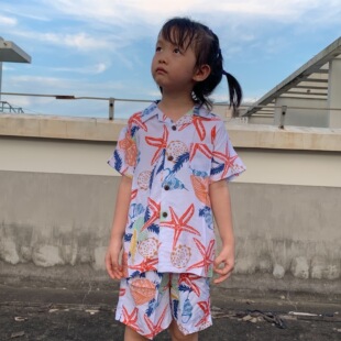 儿童夏威夷衬衫套装男女童短袖沙滩服宝宝海边度假衬衣纯棉两件套