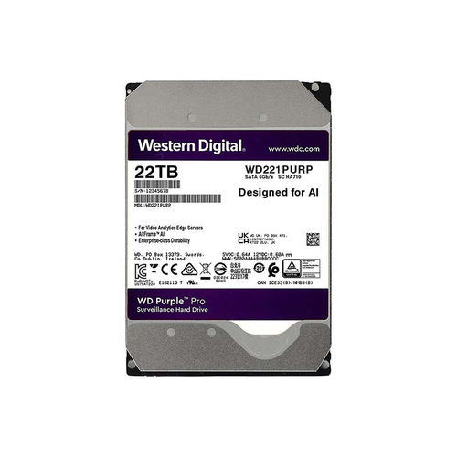 WD西部数据 22TB监控级 紫盘SATA CMR垂直3.5英寸 WD221PURP