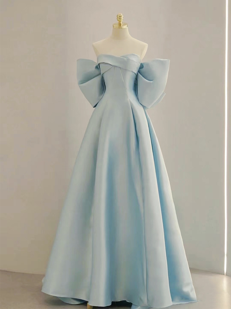 Blue tube top dress 2024 Sweet temperament bow celebrities party performed adult bride satin evening dress