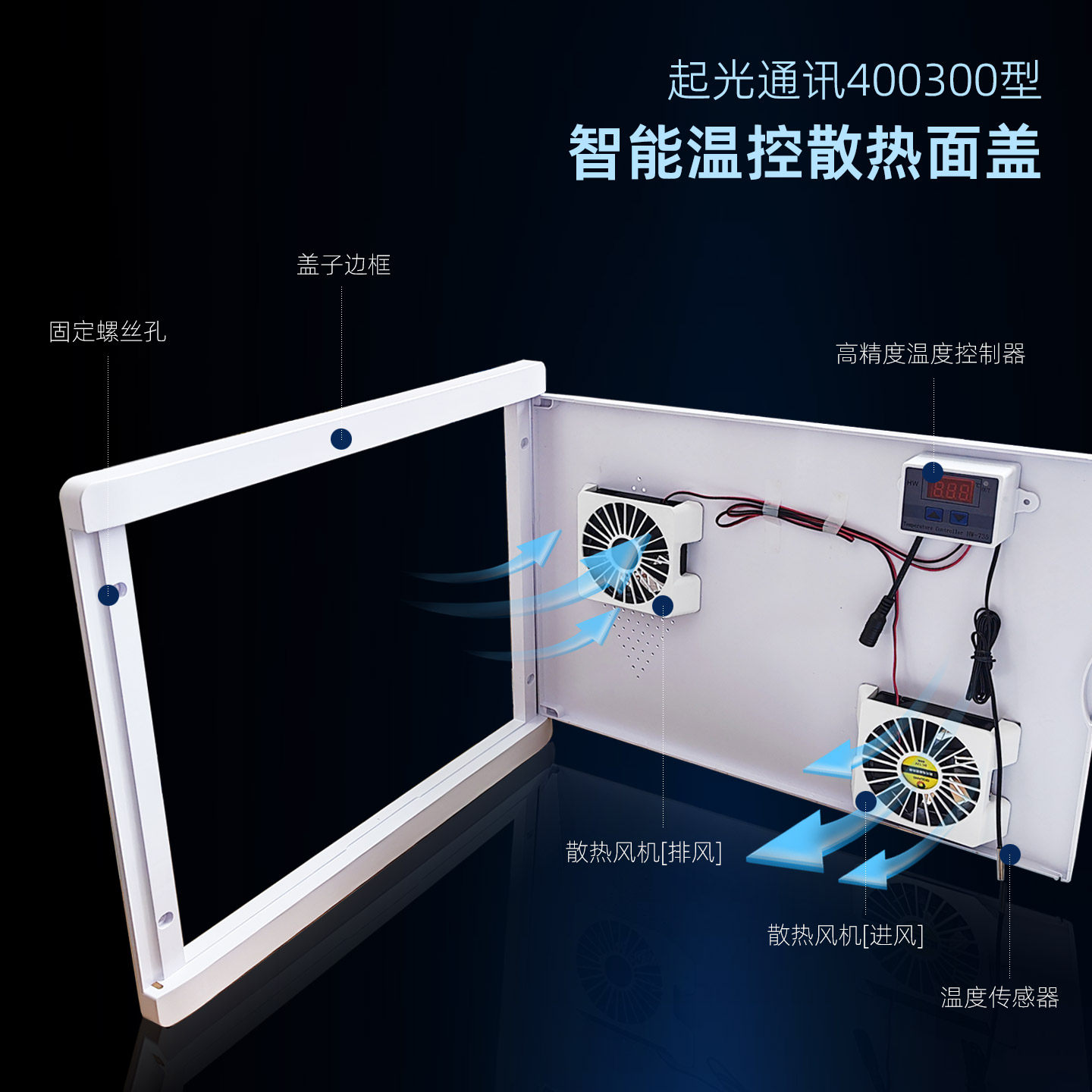 400300弱电箱专用智能温控散热面盖大风力防护网罩降温一体面板