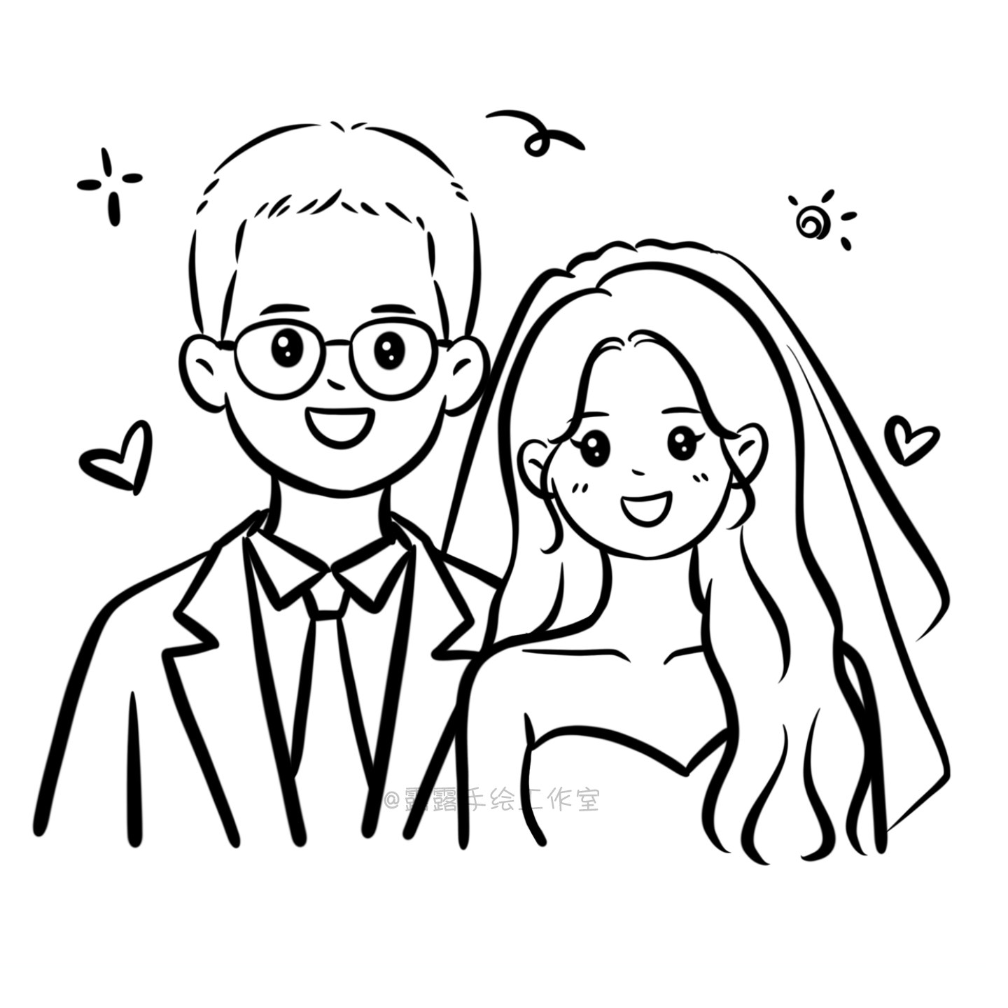 原创Q版手绘头像定制简笔画情侣头像黑白漫画可爱人物卡通设计