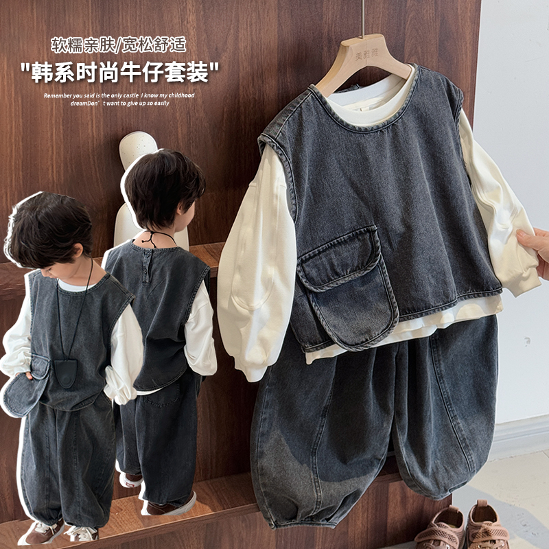 ch酷~帅气炸街男童女童牛仔马甲灯笼裤韩套装儿童两件套2025春季