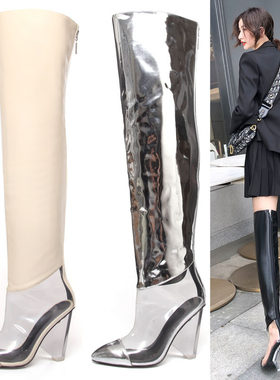 外单镜面漆皮透明异型坡跟过膝靴欧美T台走秀大码性感舞台潮靴子