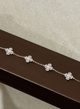 纯银s925个性设计金刚杵双面五花手链拉伸链尾粉钻四叶草满钻