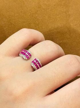 鑫葆康轻奢s925纯银玫红宝石梯方钻开口戒指感复古显白精致甜美