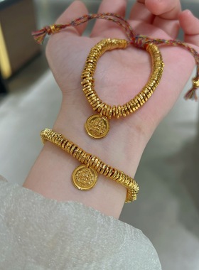 设计师2025足银镀24K金盘缠手链黄财神招财纳福手工藏式棉绳民族