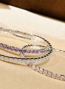 设计师S925纯银 弹力圈彩钻手链网球手链轻奢百搭小众粉钻紫钻白