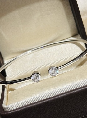 S925纯银 双钻开口手镯弹簧印不变形轻奢百搭极简风百搭叠戴