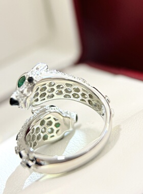 轻奢纯银s925黑斑点双豹子绿眼睛豹头开口戒指感满钻镶嵌经典款