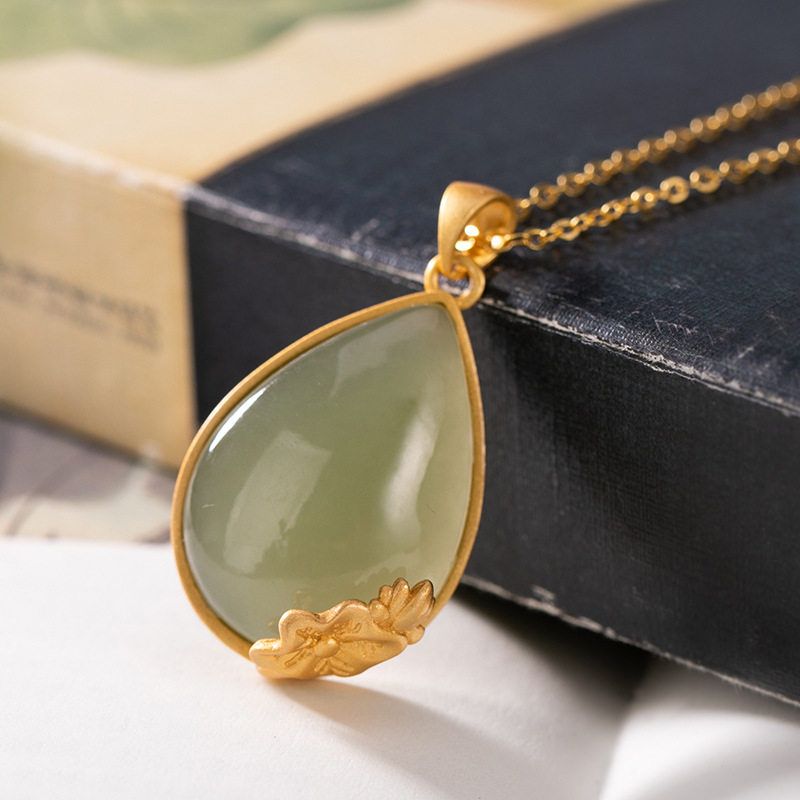 S925纯银和田玉青玉个性莲花荷花水滴形气质女士吊坠套链