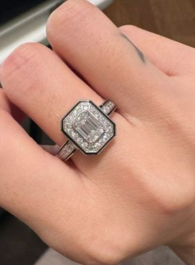 S925纯银戒指女轻奢黑边方切