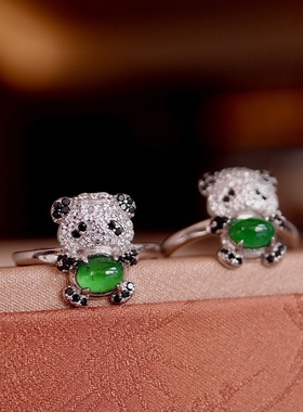 天然a货翡翠熊猫戒指s925纯银精致小巧珠宝饰品电商