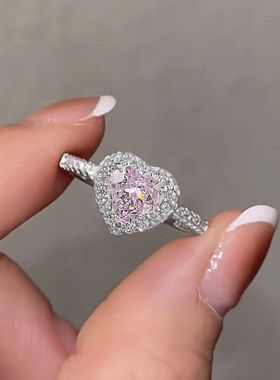 轻奢珠宝新款S925银高碳钻7*7心形粉钻戒指小清新跨境款女