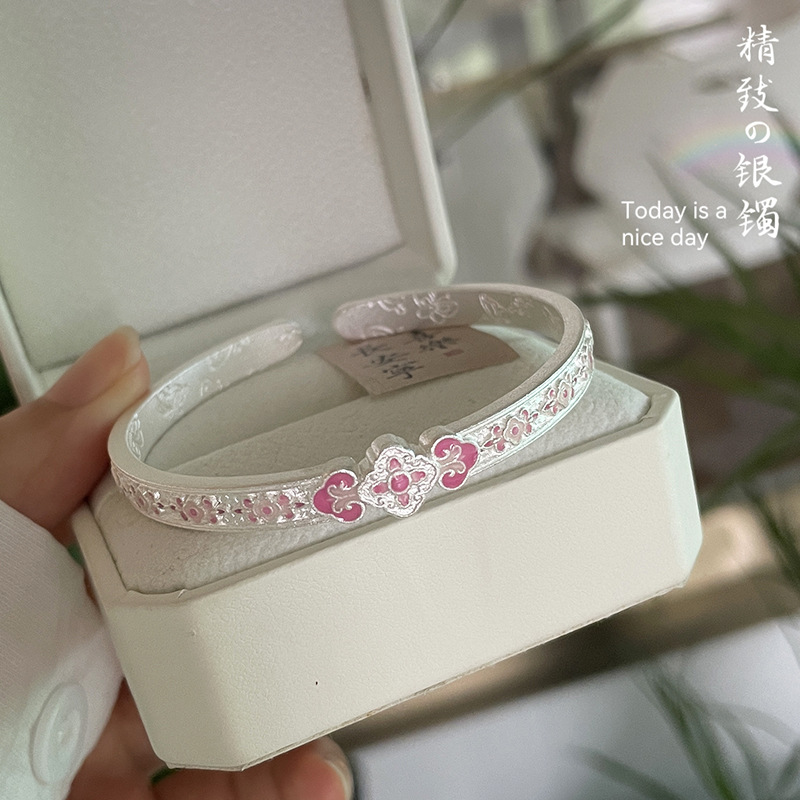 设计师粉色樱花古法足银999.9如意开口纯银手镯 四角碎花珐琅国风