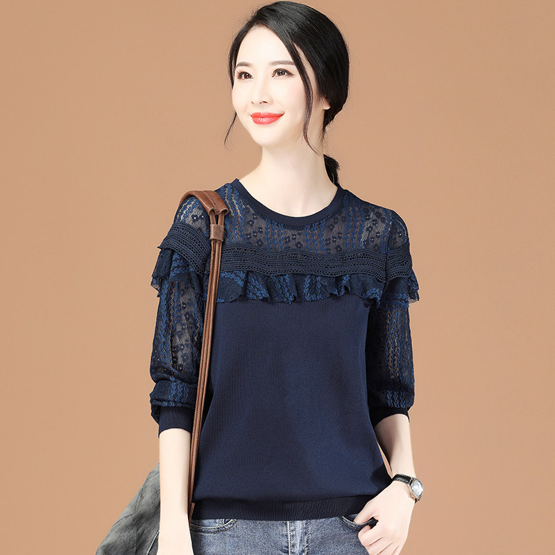 韩潮袭人镂空网纱蕾丝花边圆领套头针织衫女2022春装复古打底毛衣