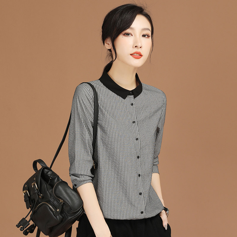 韩潮袭人2022春季新款法式翻领长袖条纹衬衫女设计感小众休闲衬衣
