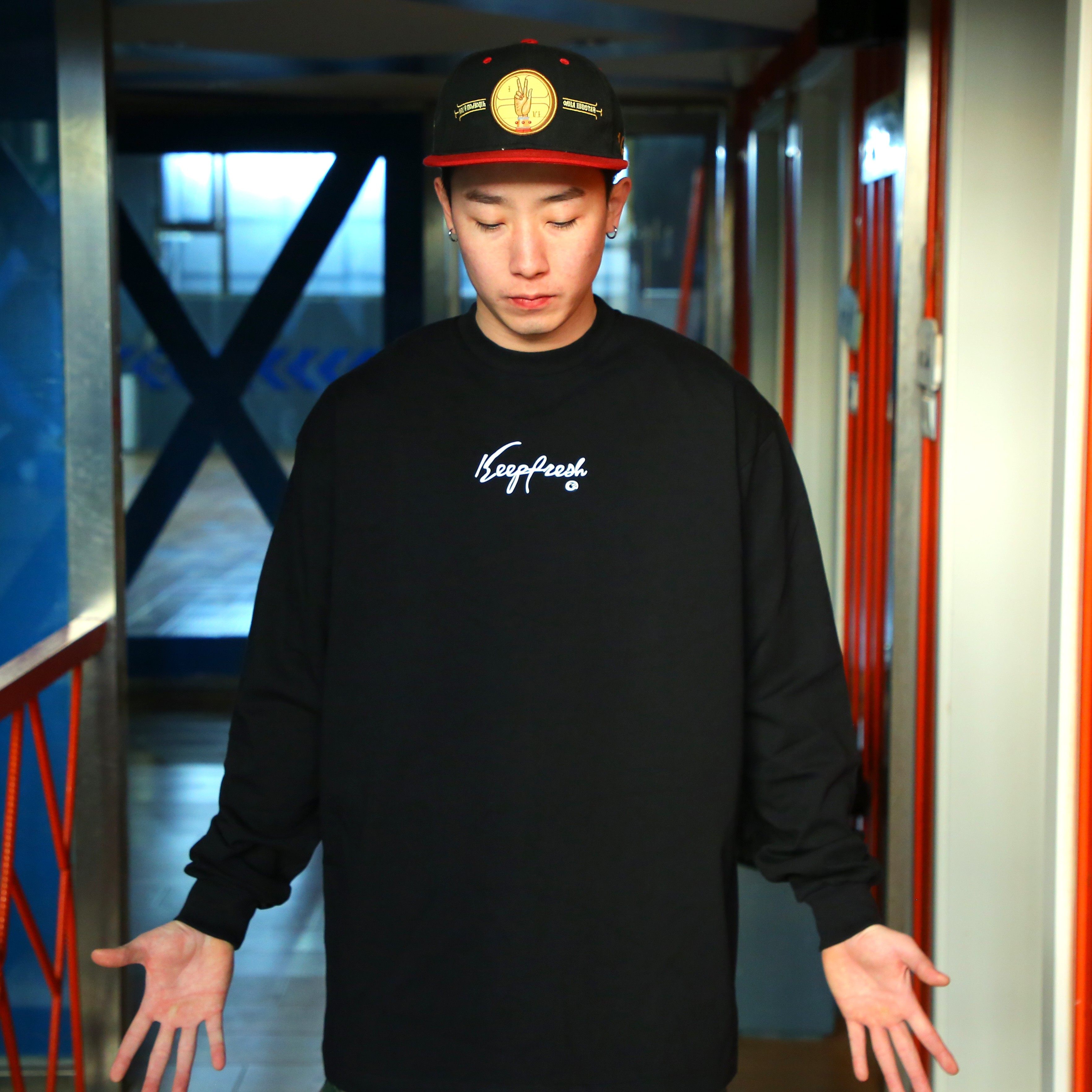 hiphop宽松bboy说唱old school重磅poppin滑板街舞小领口长袖t恤