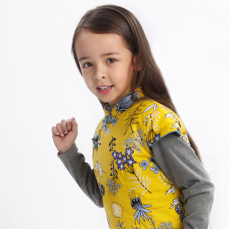 女童夹棉连衣裙中式短袖旗袍