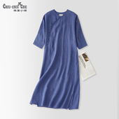 中式 新女装 国风连衣裙深蓝亚麻改良日常亲子旗袍 新款 雅童小铺夏季