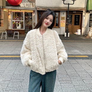 重工钉珠刺绣双面穿圆领派克服皮毛一体麂皮绒外套仿皮草大衣女冬