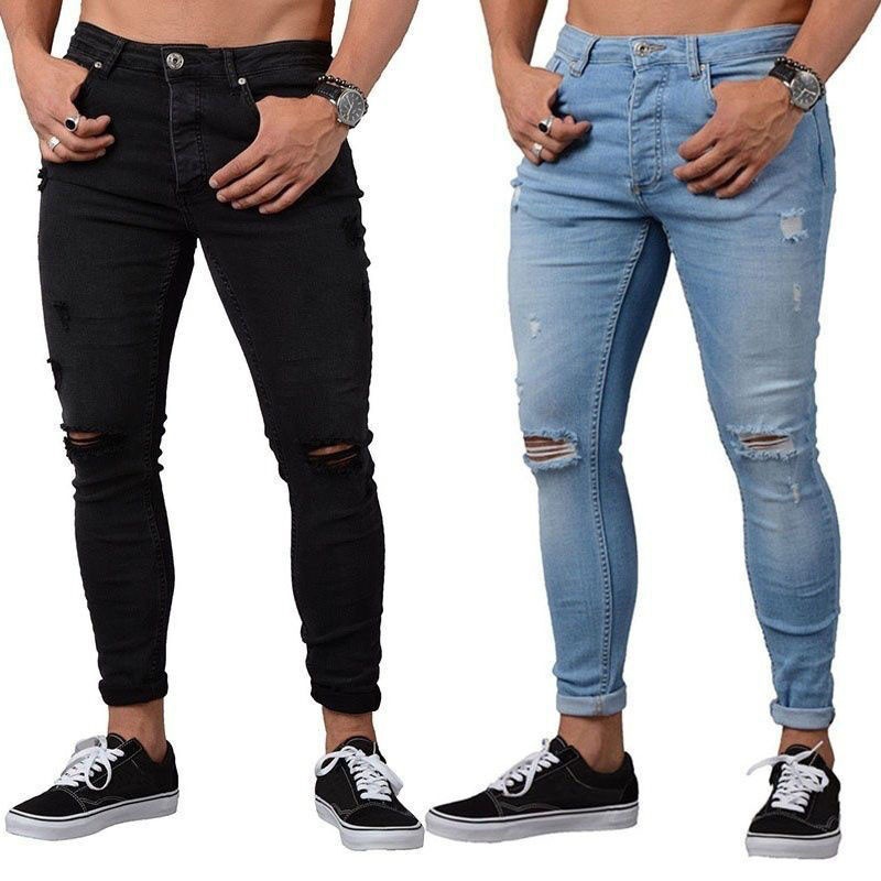 欧美破洞牛仔裤男修身小脚裤Distressed jeans and men's legging