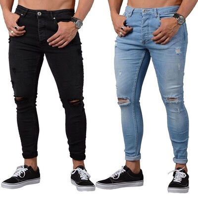 欧美破洞牛仔裤男修身小脚裤Distressed jeans and men's legging
