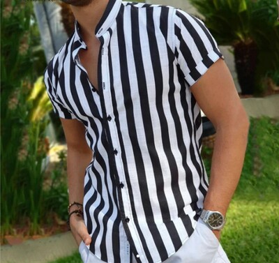 shirts  mens summer tops blouse 衬衫男条纹休闲短袖立领衬衫