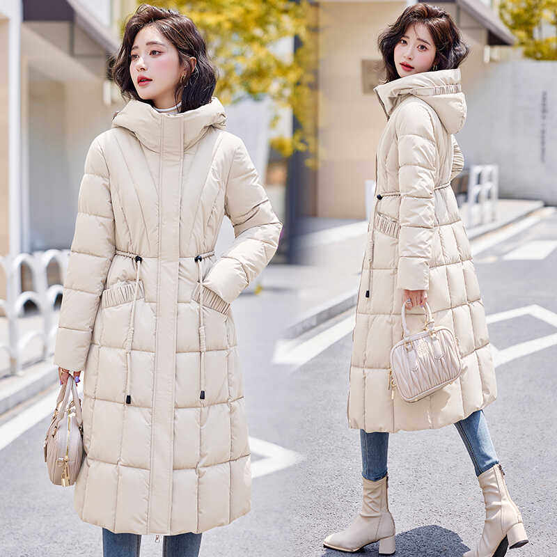 气质有型修身冬季新款长款羽绒棉服女士加厚保暖抽绳收腰棉袄外套