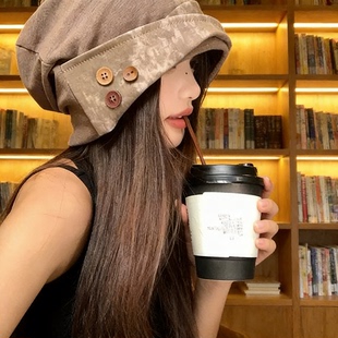 日杂冷帽日系纽扣复古堆堆帽女废土风小众百搭冷帽大头围显脸小包