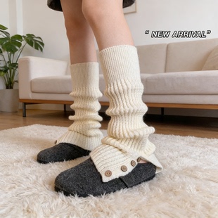 袜套分叉靴尚棉袜套女秋冬加厚保暖小腿袜纽扣开叉针织复古奶白毛