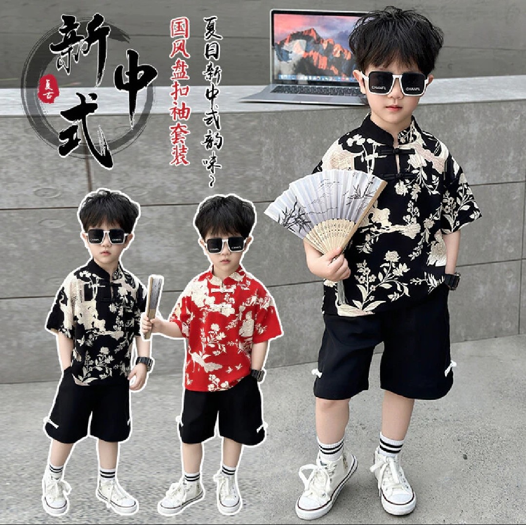 儿童新中式套装25夏季新款男童国潮汉服雪纺花衬衫短袖短裤两件套