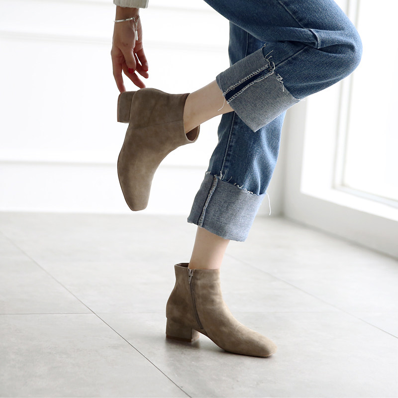 青衣自制 小羊皮方头低跟短靴女士秋冬保暖软底真皮手工粗跟靴,女鞋,时装靴,淘宝优惠券,粉丝福利购,淘宝优惠卷