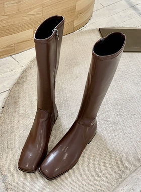 力荐！及膝长筒靴粗跟方头显瘦女士ANN英伦风骑士靴高筒长靴子ins