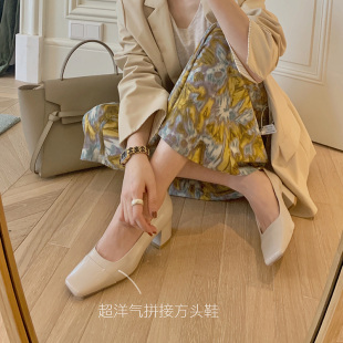 @青衣自制 浅口方头粗跟单鞋纯色套脚真皮百搭漆牛皮白色高跟鞋