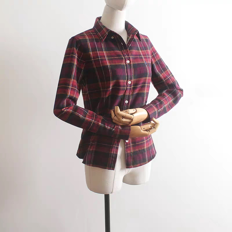 春秋英伦柔软纯棉内搭磨毛法兰绒布修身社会格子衬衫女长袖衬衣厚