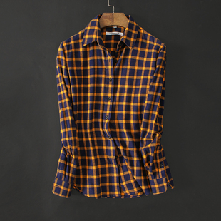 通勤百搭打底内搭抓绒布磨毛收腰修身纯棉格子长袖衬衫女款秋冬厚