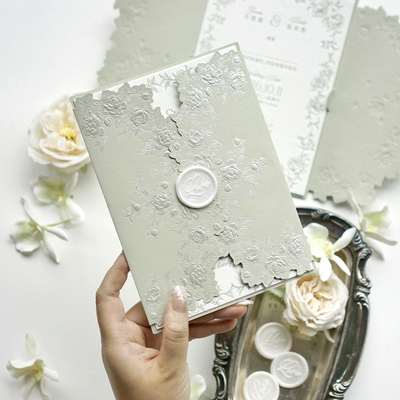 浮雕烫金婚礼请柬letterpress凸版结婚请帖凹印喜帖邀请函灰绿色